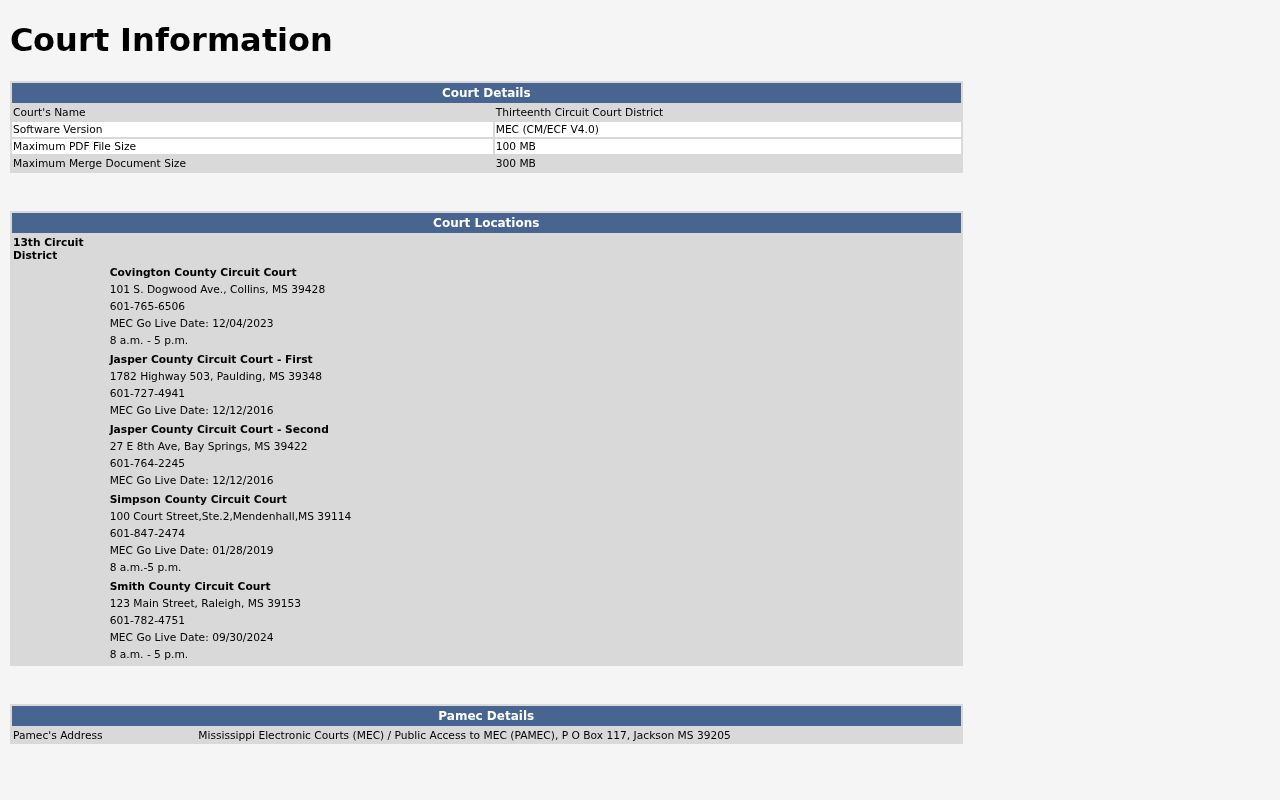 Thirteenth Circuit MEC page listing the Covington County court location, hours, and warrant docket flags