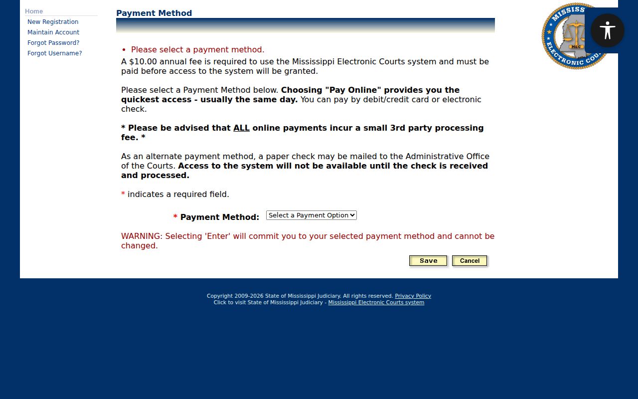 PAMEC payment screen for the paid account behind Covington County warrant docket access