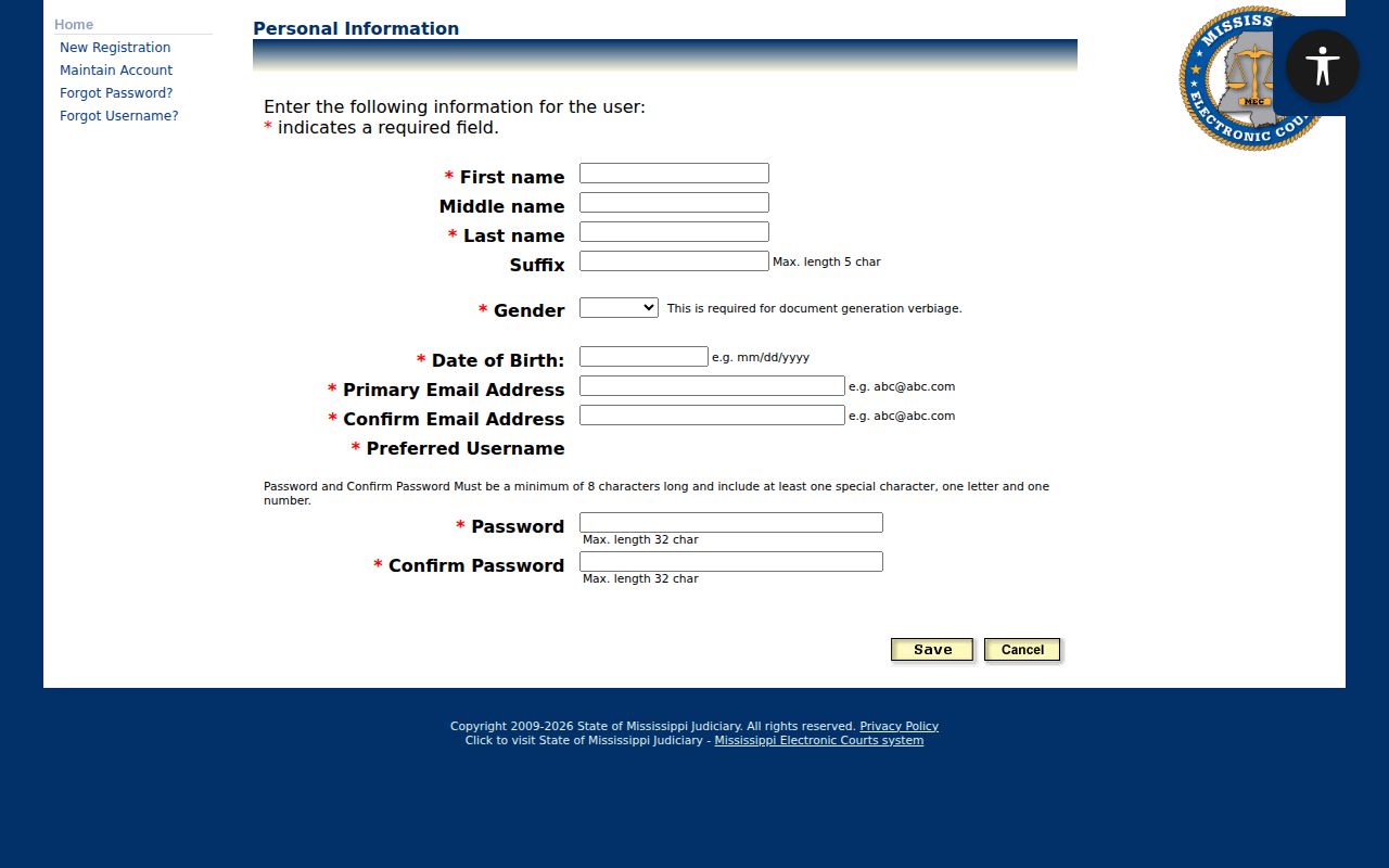 PAMEC public user registration fields required before viewing Covington County warrant docket entries