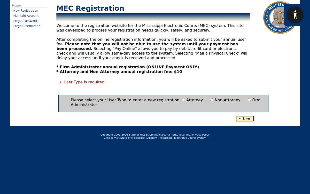 PAMEC registration screen used to reach Covington County circuit warrant docket records