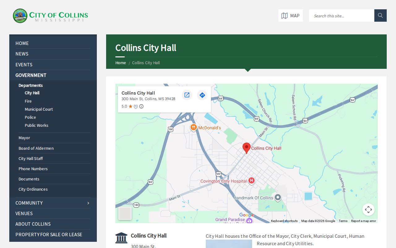 Collins City Hall page showing the municipal building and contacts related to Collins warrant records