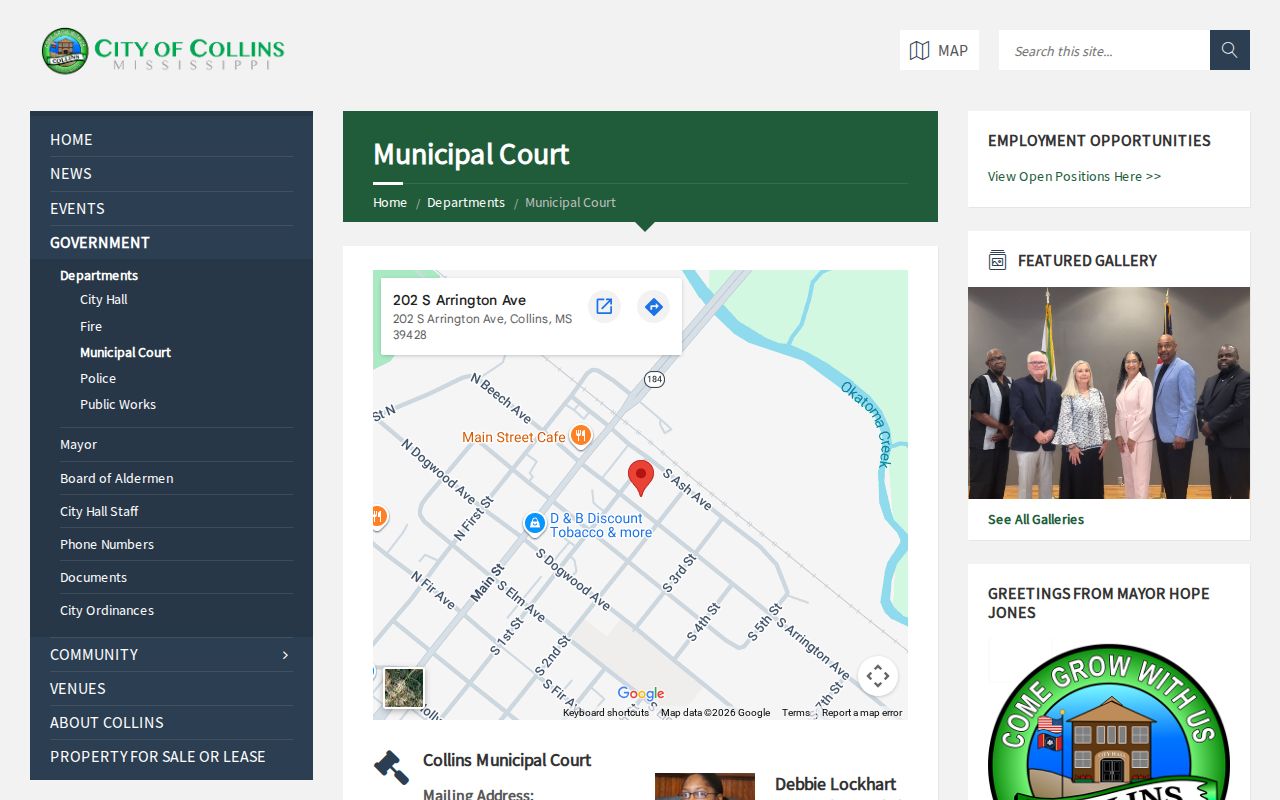 Collins Municipal Court page listing the office, session schedule, and staff behind city warrant records