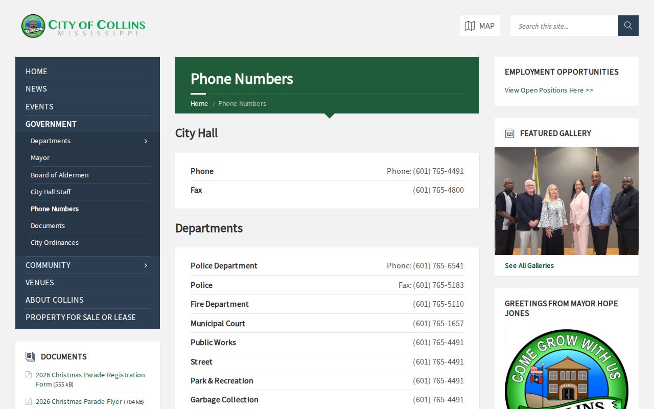 City of Collins phone directory listing police and municipal court contacts for Collins warrant records