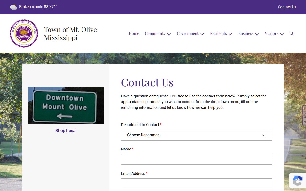 Town of Mount Olive contact form fields, a general channel rather than a warrant records request