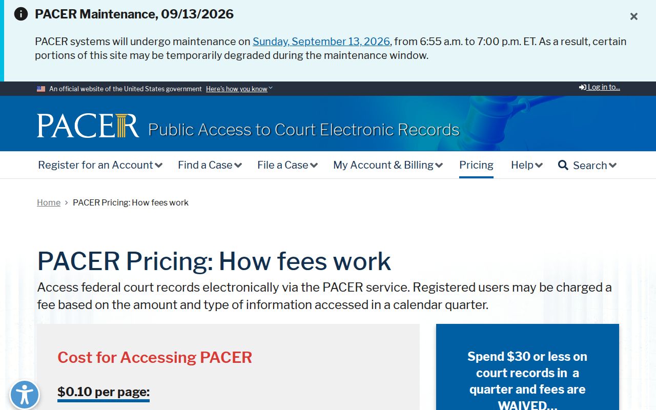 PACER fee page explaining federal docket costs for warrant research beyond Covington County