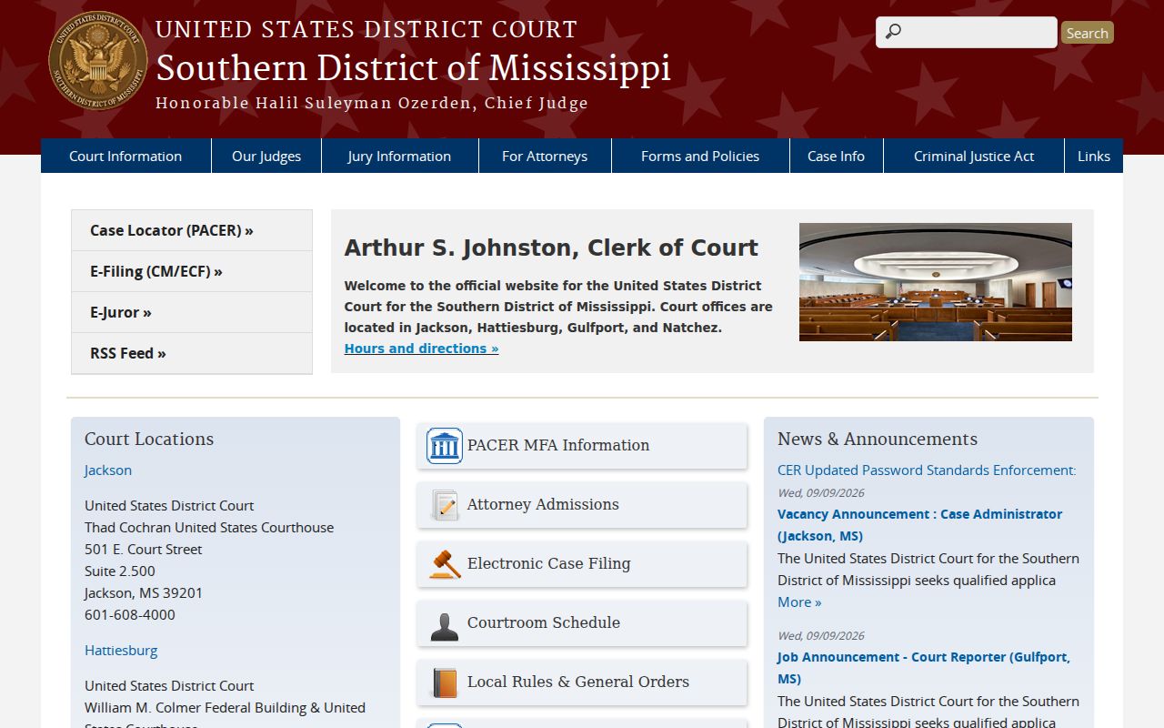 Southern District of Mississippi court page used for federal warrant questions near Covington County