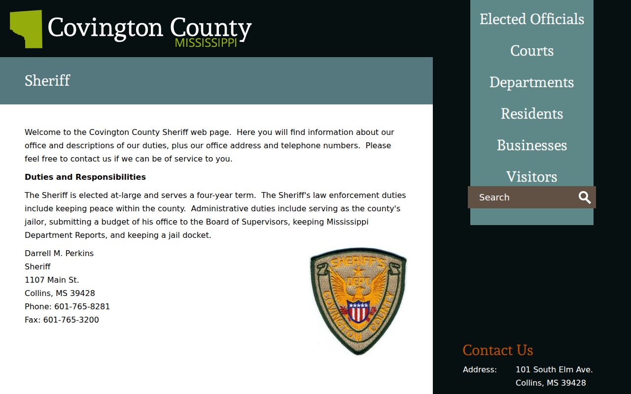 Covington County Sheriff page showing the phone contact that stands in for an active warrant search