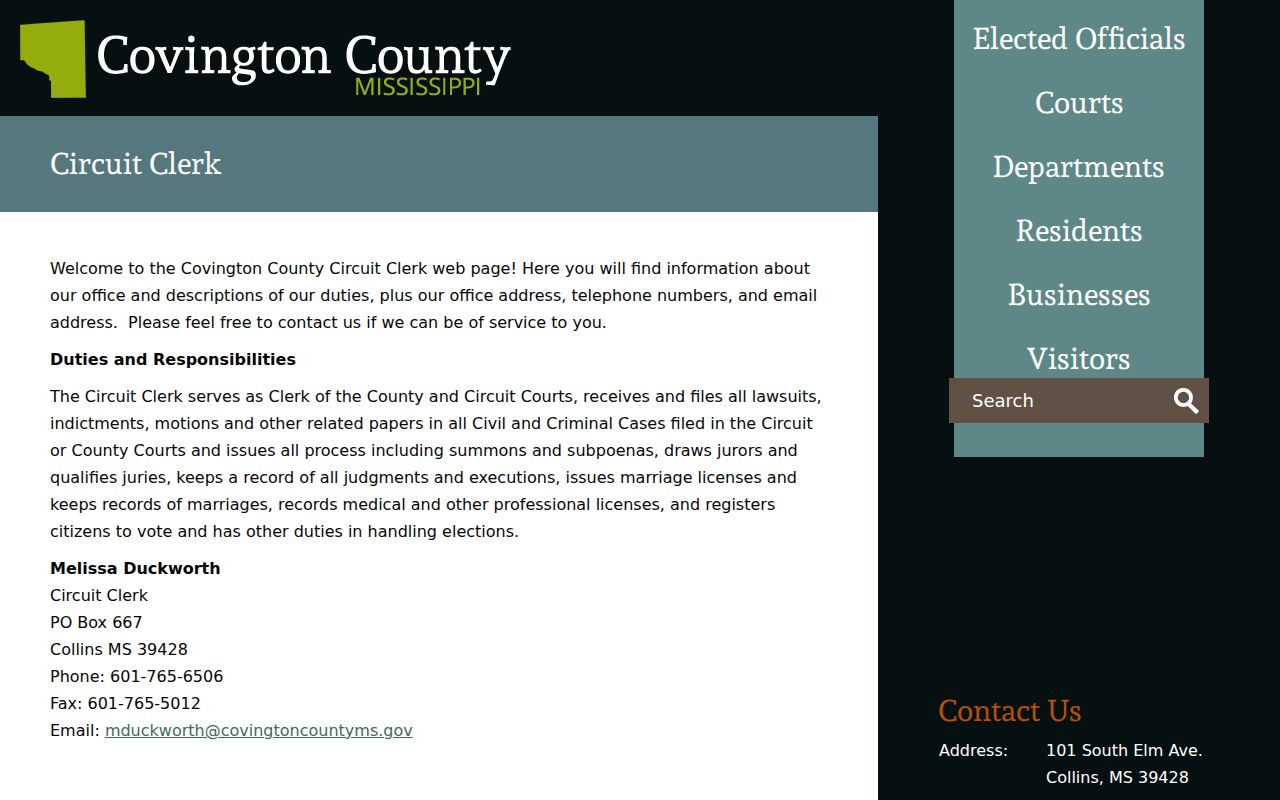 Covington County Circuit Clerk page describing felony filing duties behind county warrant records