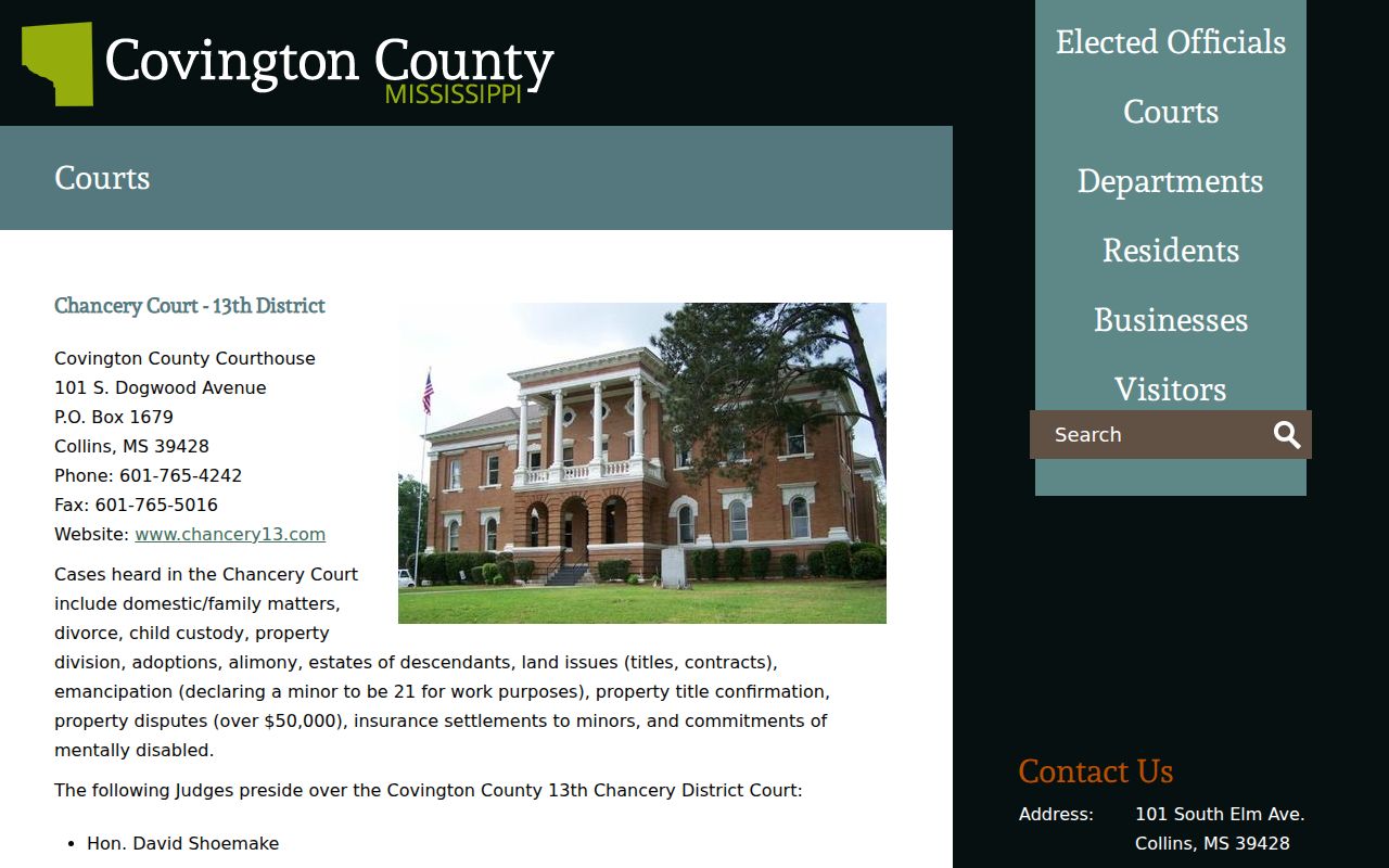Covington County courts page showing court-level jurisdiction and clerk contacts for warrant records